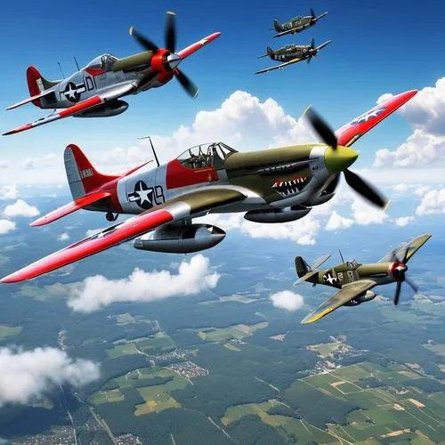 A captivating 3D render of a NAA P-51 Mustang WW II piston fighter aircraft with dull silver fuselage, mid-blue wings and red tail is flying 500 m above a group of Boeing B-17 U.S. WW II bombers on a 