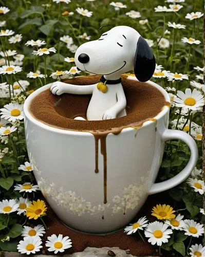 Snoopy take a bath in a gigantic cup of coffee outdoor, flowers, 3d-comic style,snoopy,cute coffee,dandelion coffee,coffee background,chocolate daisy,chamomile,a cup of coffee,hot coffee,flower tea,cu