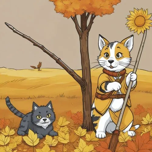 a cartoon painting of two cats, one anthropomorphic with a stick, in a field.,oktoberfest cats,fall animals,catanduva,autumn background,autumn theme,georgatos