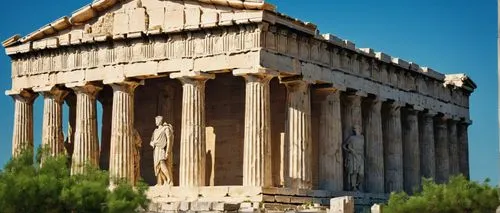 Ancient Greek temple, columns, marble, ornate carvings, pediment, frieze, metopes, triglyphs, Doric order, Parthenon, Athens, sunny day, blue sky, tourists walking, vibrant greenery surrounding, detai