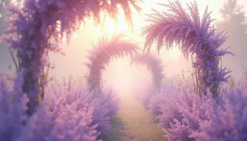 lavender field,lavender fields,lavenders,purple landscape,lavender,fairy forest,lavendar,the lavender flower,volumetric,pathway,blooming field,meadow in pastel,forest of dreams,wisteria,lilac arbor,forest path,fairy world,lavender flowers,fairyland,tunnel of plants,Photography,General,Realistic