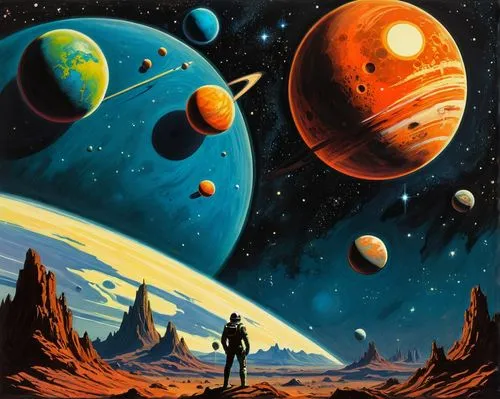 Planets in a distant galaxy. Retro sci-fi pulp conceptual drawing art.,space art,planets,alien planet,planet mars,gas planet,sci fiction illustration,red planet,planet eart,mission to mars,space,astro