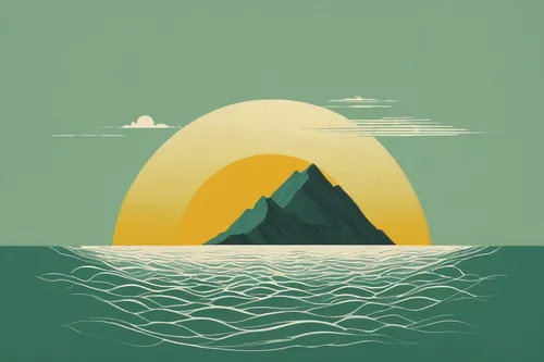 mountain and sea,mountain sunrise,mountains,mountain,sun and sea,an island far away landscape,sea,ocean,mountain slope,mountain peak,three peaks,seascape,mountain lake,mountain range,mountain world,ocean background,travel poster,peaks,sea landscape,mountain ranges,Illustration,Japanese style,Japanese Style 08