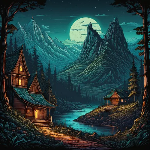 witch's house,fantasy landscape,mountain settlement,house in the forest,landscape background,the cabin in the mountains,home landscape,mountain scene,mountain landscape,house in mountains,fantasy picture,forest landscape,forest background,witch house,mountain village,cottage,autumn mountains,mountainous landscape,log cabin,lonely house,Illustration,Realistic Fantasy,Realistic Fantasy 25