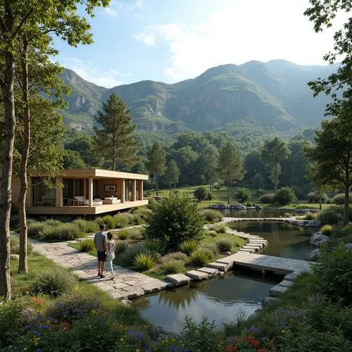 Scenic mountainous landscape, rolling hills, serene lakeside, lush green forests, winding stone pathways, rustic wooden bridges, modern eco-friendly architecture, sustainable building materials, large