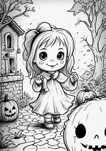 : Design Sketch-Rough Outline ,a coloring book depicting a cute little girl surrounded by halloween decorations,halloween line art,halloween illustration,coloring pages kids,orona,coloring pages,color