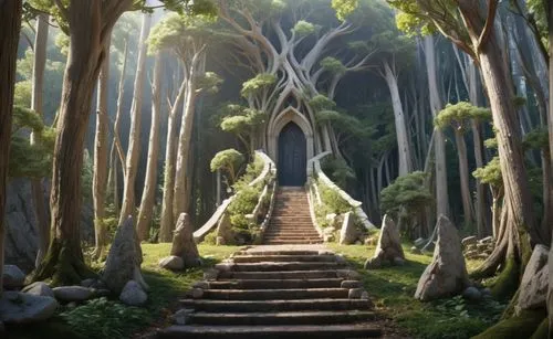 bosque magico con piedras con grabados a los lados de un camino de tierra con musgo y mucha humedad en todos sitios que lleva a un gran argol con una escalera de marmol blanco para entrar a una puerta