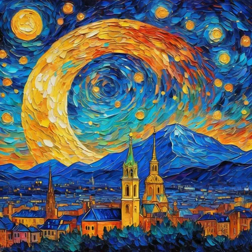 starry night,post impressionism,vincent van gogh,jupiter moon,modena,space art,herfstanemoon,moon at night,art painting,vincent van gough,moon and star background,the moon,blue moon,phase of the moon,moon night,moonrise,the night sky,super moon,hanging moon,church painting,Illustration,Realistic Fantasy,Realistic Fantasy 20