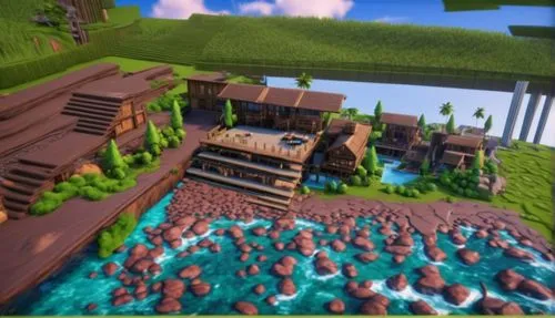 popeye village,chicken farm,tileable,floating islands,mushroom island,ravine,chicken coop,fish farm,sawmill,alpine village,terraforming,a chicken coop,mountain settlement,chicken yard,wooden pallets,tileable patchwork,log bridge,farmstead,mushroom landscape,tavern