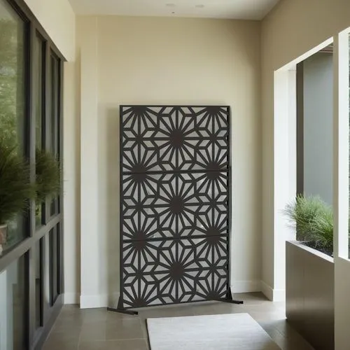 Sunny, Patio, Corner Hallway, Lawn,there is a decorative wall in the hallway,ornamental dividers,wall panel,steel door,garden door,patterned wood decoration,metallic door