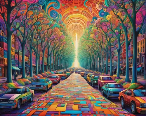 colorful city,kaleidoscope art,psychedelic art,tree-lined avenue,kaleidoscope,kaleidoscopic,colorful tree of life,boulevard,lsd,color fields,colorful light,avenue,passage,pedestrian,the boulevard arjaan,tree lined lane,paris,old avenue,oil painting on canvas,psychedelic,Illustration,Realistic Fantasy,Realistic Fantasy 39