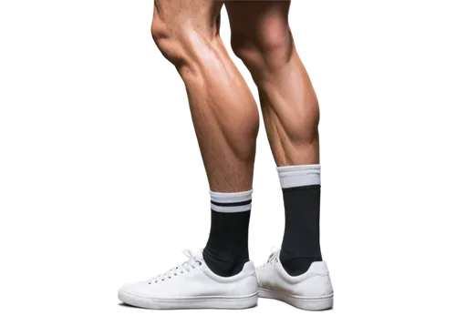 4K resolution, male feet, athletic build, muscular calves, prominent ankle bones, white socks, black sneakers, laces tied, standing pose, slight angle, softbox lighting, high contrast, detailed wrinkl