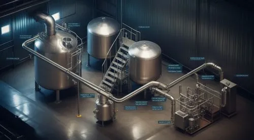 Sala de processo industrial com tanques de aço inox, plataformas, tubulações, eletro calhas, foto realista,various stages of brewing equipment in a brewery,precipitators,microbrewer,distillation,brewe