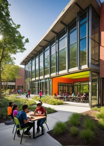 Bishop Woods Architecture & Design Magnet School, modern building, futuristic design, angular lines, large windows, metal framework, concrete walls, vibrant color accents, open courtyard, lush greener