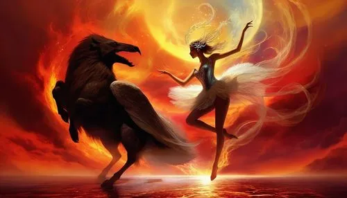 two horses in front of a woman who is standing on the back of the horse,fire horse,pegasi,changelings,flame spirit,sun and moon,alifirenko,pegasys,heaven and hell,infernal,fantasy picture,fireheart,sa