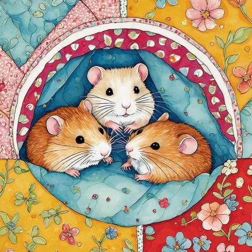 white footed mice,vintage mice,hamster shopping,mice,rodentia icons,hamster buying,baby rats,rodents,dormouse,hamster frames,whimsical animals,lilo,trio,tapestry,guinea pigs,three friends,pet portrait,red backed voles,round animals,sewing stitches,Illustration,Abstract Fantasy,Abstract Fantasy 04