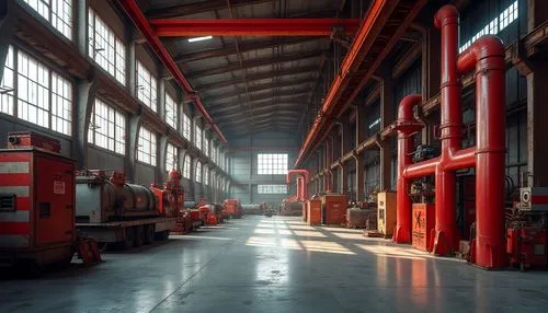 Industrial factory, vibrant red accents, steel beams, rusty metal walls, bold red stripes on machinery, red warning signs, concrete floors, large windows, natural light, modern architecture, urban lan