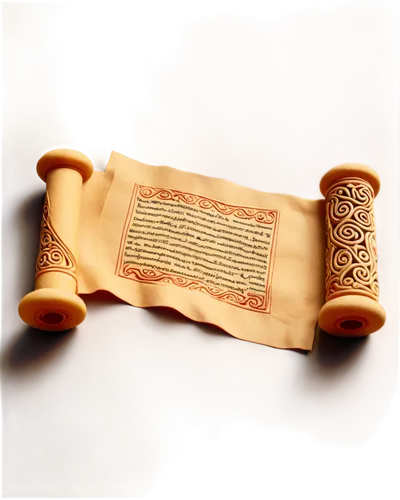 Ancient scroll, unrolled, golden ornate handles, brown parchment, intricate calligraphy, soft lighting, warm color tone, shallow depth of field, 3/4 composition, detailed texture, vintage feel, myster