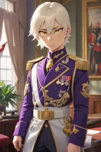 Un chico joven, elegante, soldado demonio, comandante, poderoso, dominante, albino, ojos de color morado, enano, en uniforme. ,admiral von tromp,grand duke,emperor,the emperor's mustache,napoleon bona