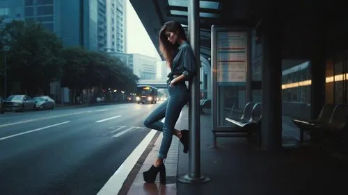 bus stop,busstop,woman walking,pole dance,girl walking away,girl in a long,the girl at the station,pedestrian,long legs,on the poles,a pedestrian,conceptual photography,bus shelters,street photography,knee-high boot,taxi stand,street life,streetlife,travel woman,city ​​portrait