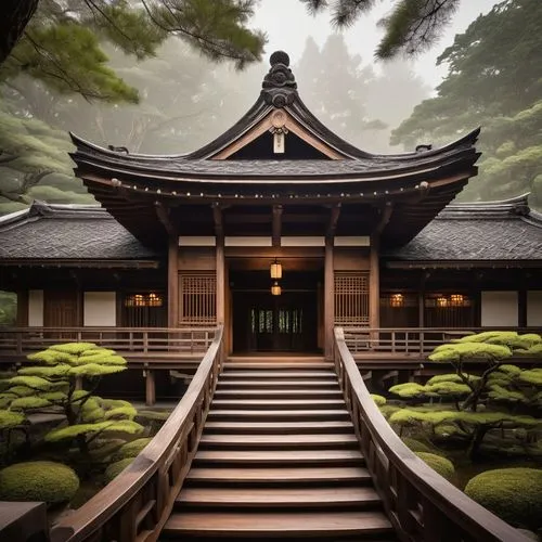 Wooden roof architecture, traditional Japanese style, intricate carvings, curved tiles, rustic brown color, ornate eaves, grand entrance, majestic pillars, serene forest surroundings, misty morning at