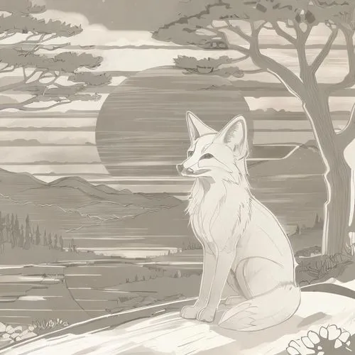 a fox sitting under a tree in front of a forest,amaterasu,okami,animatic,aleu,balto,kitsune,Design Sketch,Design Sketch,Character Sketch