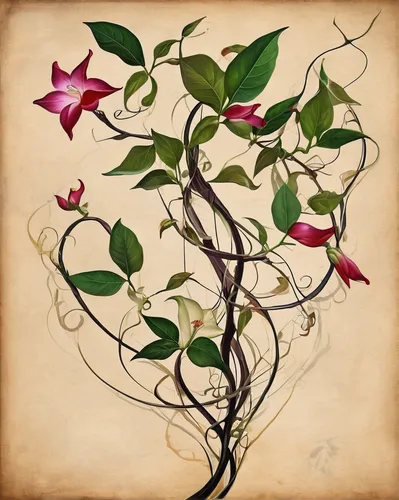 Craft a mysterious tale about a hidden mandevilla vine that grants wishes.,flowering vines,flowers png,vine flower,vine tendrils,flower illustrative,coral vine,vintage botanical,ikebana,ornamental pla