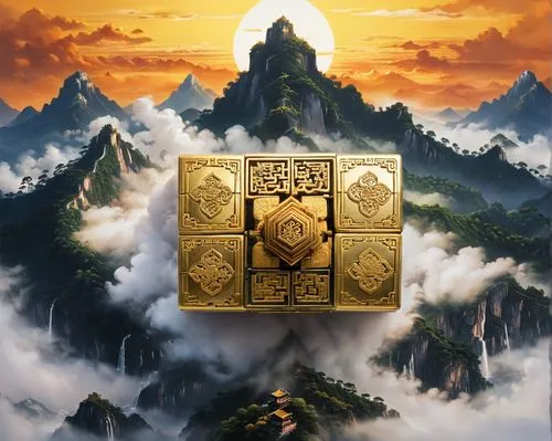 lotus stone,golden dragon,golden scale,rupees,metatron's cube,amulet,moon cake,gold wall,golden lotus flowers,5 dragon peak,golden sun,cube background,golden crown,xing yi quan,game dice,card box,magic grimoire,magic cube,sacred lotus,gold shop,Unique,Design,Knolling