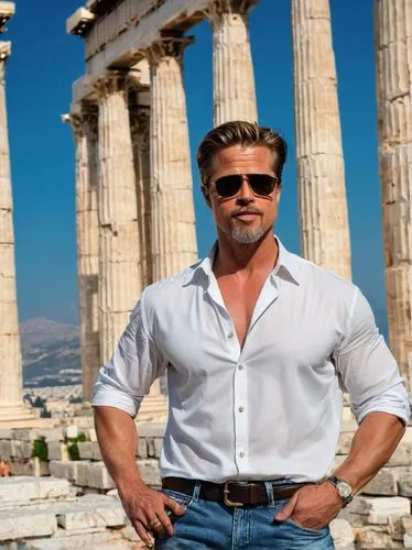 Brad Pitt, handsome mature man, 50yo, short hair, beard, sunglasses, casual wear, white shirt, dark jeans, leather belt, standing, leaning against, ancient Greek architecture, Parthenon, Athens, Greec