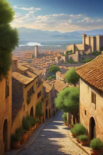 volterra,tuscan,gordes,tuscany,provence,italy,montepulciano,meteora,italia,medieval town,medieval street,sicily,italian painter,ancient city,kings landing,ancient rome,world digital painting,the cobbled streets,townscape,aventine hill,Illustration,Retro,Retro 11