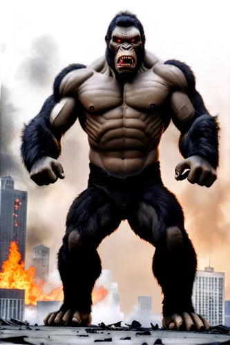 King Kong, giant ape, muscular body, furry skin, angry facial expression, sharp teeth, glowing red eyes, standing on all fours, powerful claws, torn clothes, city skyscraper background, destroyed buil