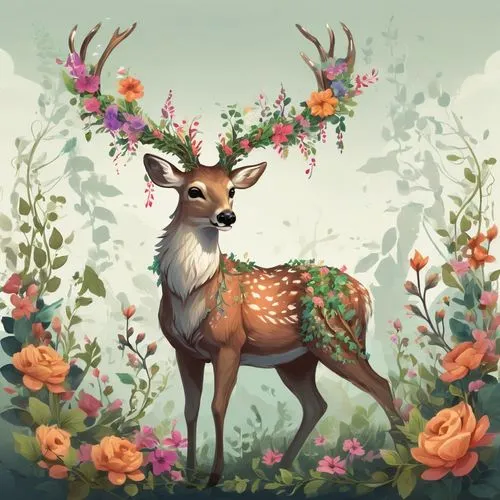 deer illustration,flower animal,deer,spring crown,fawn,beulah,Conceptual Art,Fantasy,Fantasy 02