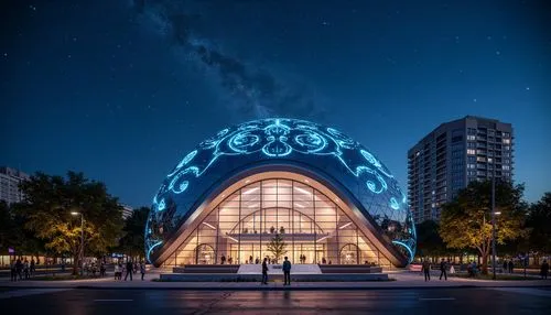 Glowing planetarium dome, futuristic facade design, sleek metallic surfaces, neon-lit celestial patterns, starry night sky, modernist architecture, curved lines, geometric shapes, minimalist aesthetic