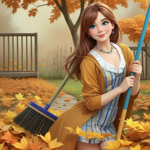 the girl  is posing in a park with a broom,autumn chores,autumn background,hardbroom,rake,autumn icon,autumn theme