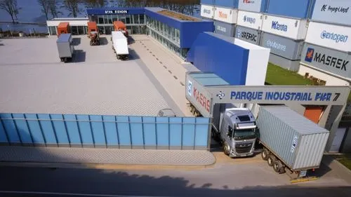 a truck is parked outside of a warehouse,inland port,cargo port,mainfreight,cargohandling,container transport,interport,Photography,General,Realistic