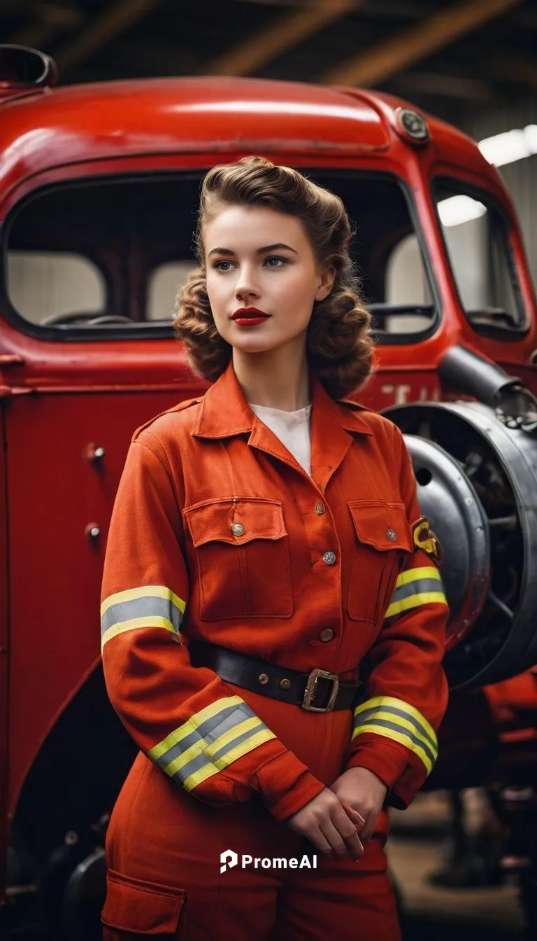 A captivating, movie-style photograph of a stunning 20-year-old female USAAF WWII aircraft mechanic, dressed in full 1940s airfield firefighting attire. The young woman stands proudly in the hangar, s