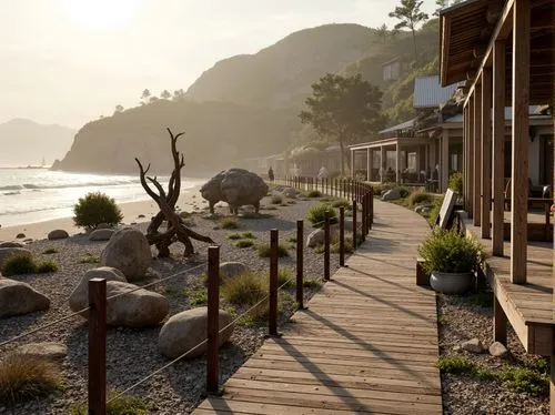 Weathered wooden docks, rusty metal railings, driftwood sculptures, ocean-battered stones, rough-hewn concrete seawalls, corrugated iron roofs, sandy dunes, sea-eroded cliffs, beachy pebbles, salty mi