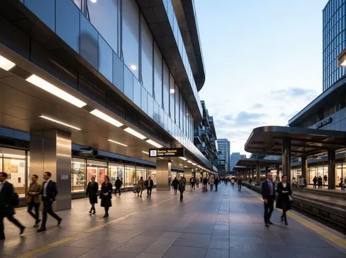 Curved aerodynamic fa\u00e7ade, metallic silver cladding, horizontal lines, rounded edges, futuristic transportation hub, bustling urban setting, morning rush hour, natural stone flooring, sleek glass