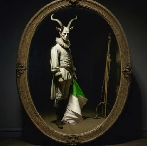 a man is dressed in white, standing by a flag,cernunnos,paper art,lacrimosa,quixotic,white rabbit,magic mirror