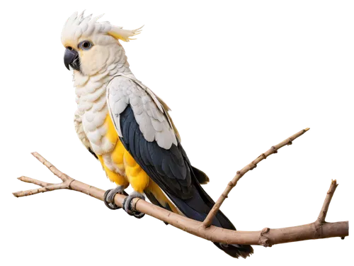 Colorful cockatoo bird, white plumage, vibrant yellow crest, black beak, big round eyes, fluffy feathers, perched on branch, spread wings, morning sunlight, soft focus, shallow depth of field, warm co