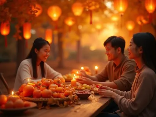 Warm persimmon color, vibrant orange hue, cozy atmosphere, autumn season, harvest festival, traditional lanterns, rustic wooden tables, woven baskets filled with fruits, family gathering, smiling face