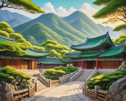 landscape background,roof landscape,korean folk village,teahouse,hall of supreme harmony,hanok,teahouses,south korea,mountain scene,japan landscape,dojo,koreana,cartoon video game background,chuseok,mountain landscape,world digital painting,bamboo forest,asian architecture,japanese mountains,japanese background,Conceptual Art,Daily,Daily 31