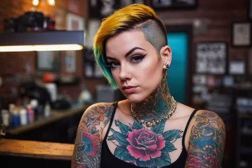 tattoo girl,pompadour,punk,rockabilly style,mohawk,rockabella,greta oto,pomade,rockabilly,barista,silphie,punk design,tattoos,tattoo artist,lis,tattooed,pixie cut,mohawk hairstyle,mina bird,vada,Art,Classical Oil Painting,Classical Oil Painting 23