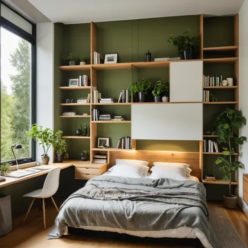 modern room,green living,room divider,wooden shelf,bookcase,modern decor,bedroom,canopy bed,bookshelves,shelving,shared apartment,bookshelf,danish room,one-room,danish furniture,contemporary decor,smart home,guest room,bedroom window,scandinavian style,Photography,General,Natural