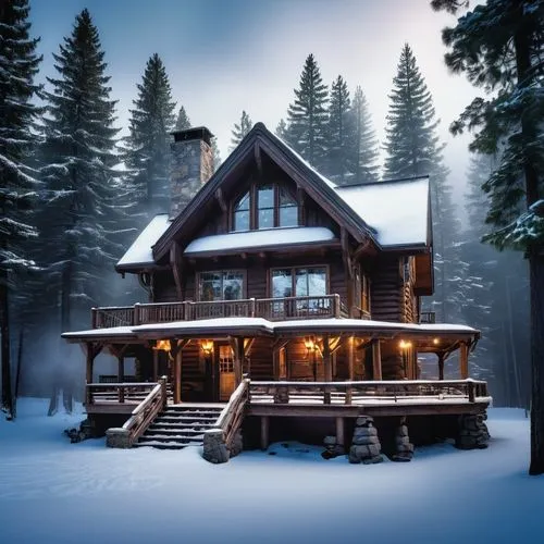 Winter-themed cabin, snow-covered roof, wooden exterior walls, frozen lake backdrop, pine trees surrounding, misty atmosphere, morning fog, warm lighting from windows, smoke rising from chimney, cozy 