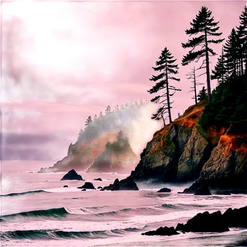 Oregon landscape, misty morning, tall pine trees, rugged coastline, rocky shores, crashing waves, sea spray, misty atmosphere, soft natural light, panoramic view, cinematic composition, warm color ton