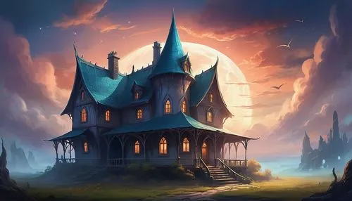 witch's house,witch house,the haunted house,fairy tale castle,house silhouette,haunted castle,Illustration,Realistic Fantasy,Realistic Fantasy 01