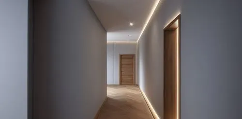 iluminação em focos led. portas em madeira carvalho, piso em soalho de madeira, paredes cinza claro,hallway space,wall light,hallway,walk-in closet,wall lamp,ceiling lighting,ceiling light,recessed,da