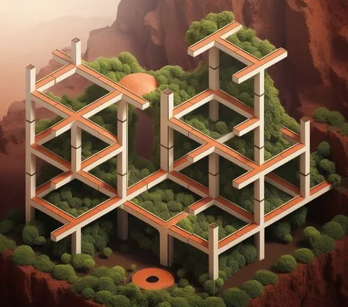 With the shape you must create a refuge in mars that has several vertical gardens along the shape. It's an isometric image,POROTO,isometric,ziggurat,voxel,cubic house,blockhouses,treehouses,Conceptual