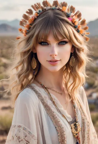 taylor swift headshot，Lifestyle Headshots，Festival Boho Chic,headdress,feather headdress,desert background,desert flower,lioness,indian headdress,gypsy hair,headpiece,celtic queen,countrygirl,enchanti